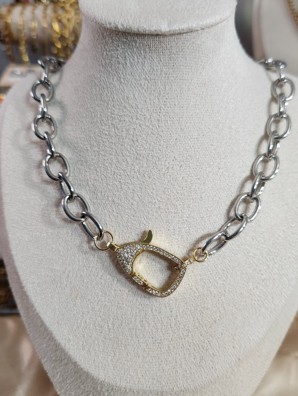 Chunky Two Tone Iced Clasp Necklace